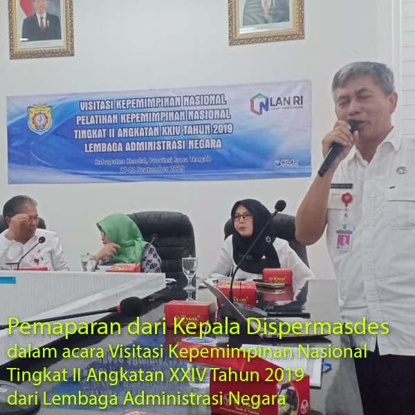 Pemaparan dari Kepala Dispermasdes dalam acara Visitasi Kepemimpinan Nasional  Tingkat II Angkatan XXIV Tahun 2019  dari Lembaga Administrasi Negara